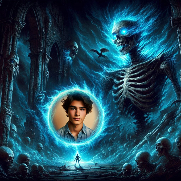 Transforma tus fotos con un esqueleto azul brillante y portal ardiente