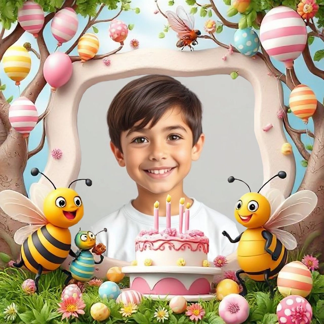 Celebra con un marco encantado de abejas y globos