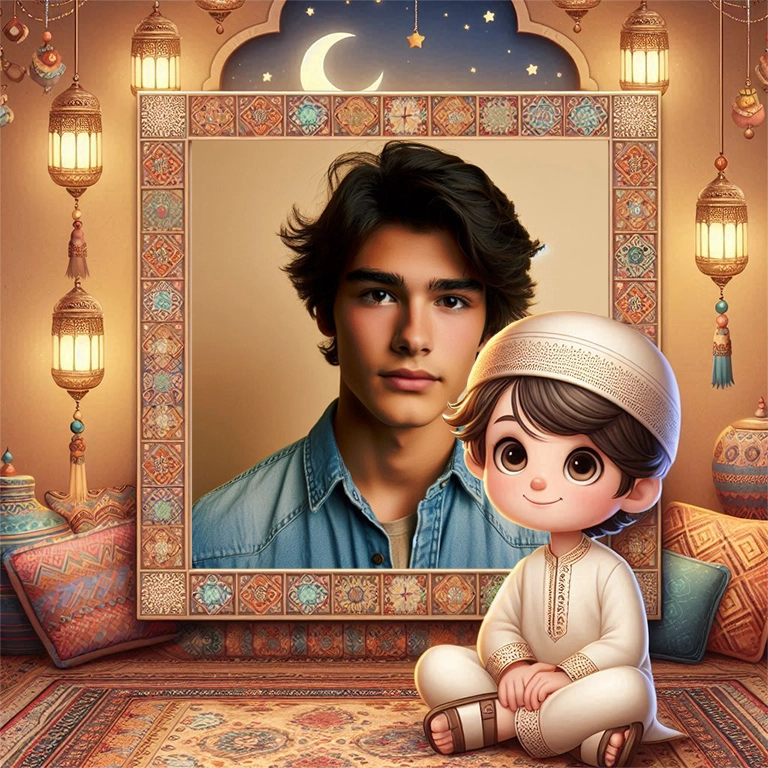 Inserta tu foto en un marco de Ramadán con un niño encantador