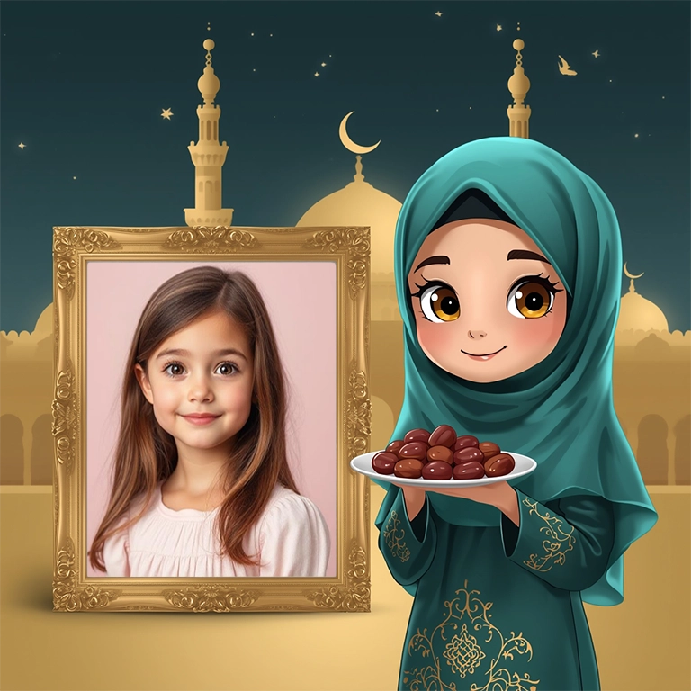 Personaliza tus fotos con un marco festivo de niña en hiyab