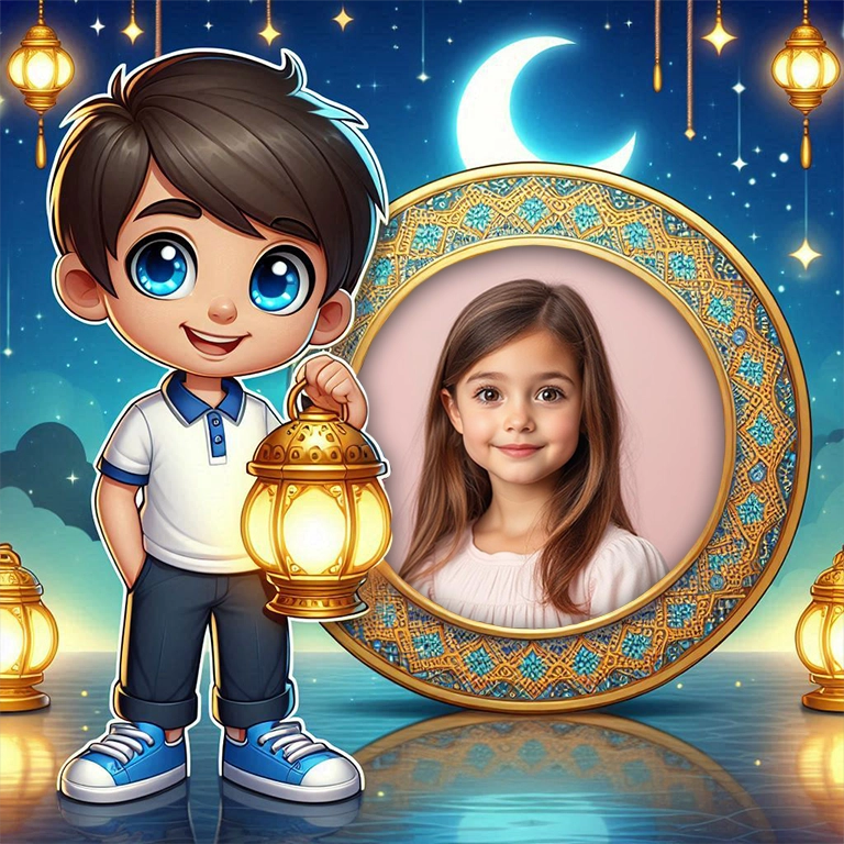 Inserta tu foto en el marco con niño y linterna bajo la luna