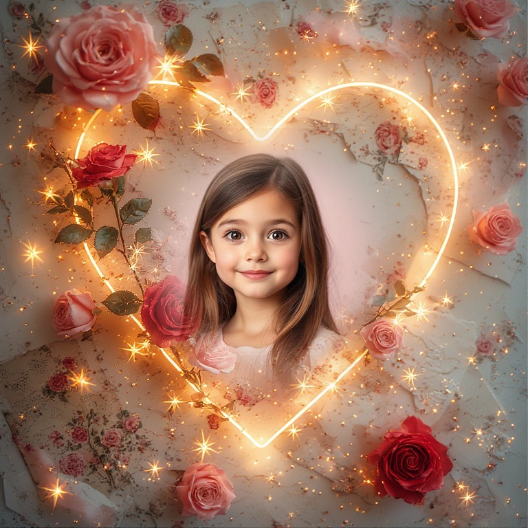 Envuelve tus recuerdos en un corazón de neón y rosas vibrantes