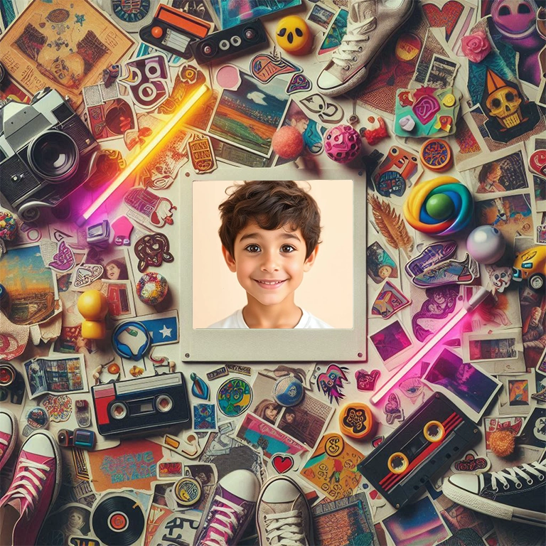 Captura tu esencia retro en un collage maximalista vibrante